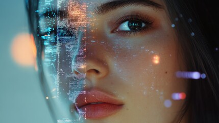 Poster - Digital Artistry Blends Human Beauty With Technology in a Captivating Close-Up of a Woman's Face Illuminated by Vibrant, Holographic Elements at Night