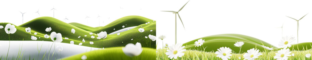 Poster - Wind turbines and grassy hill vegetation, isolated with a transparent background. Natural energy idea.