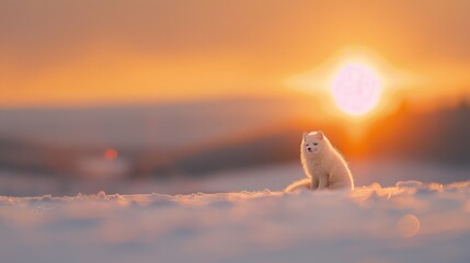 Canvas Print - Arctic fox sitting in snow at sunset.