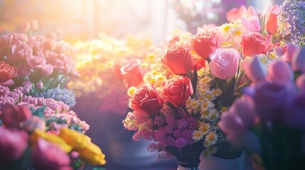 Poster - Brightly colored bouquets of roses, tulips, and daisies create a vibrant floral display in a sunny flower shop corner. Generative AI