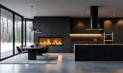 Poster - Matte Black Kitchen and Dining Area with a Classy Fireplace and Spacious Open Plan