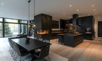 Poster - Open Plan Matte Black Kitchen and Dining Room Featuring a Warm Fireplace