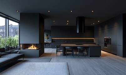 Poster - Matte Black Open Plan Kitchen and Dining Area with a Cozy Fireplace