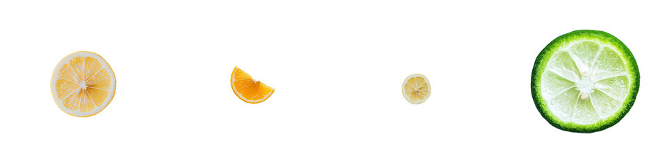 Poster - A top-down perspective of a single cross-section or slice of a succulent, ripe yellow lemon, a citrus fruit with a sour taste, isolated on a white background, utilized as an ingredient in cooking and