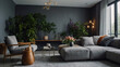 © Ahmer Ali - Stylish sofa and eucalyptus branches in vase on coffee table near grey wall