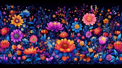 Canvas Print - Vibrant floral border with diverse flowers in bright colors on a dark background.