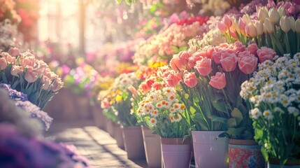 Poster - Colorful bouquets of roses tulips and daisies arranged beautifully in a vibrant flower market during sunny afternoon. Generative AI
