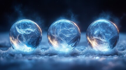 Poster - Three luminous orbs, glowing with an ethereal light, rest on a bed of snow, creating a mesmerizing and otherworldly scene.