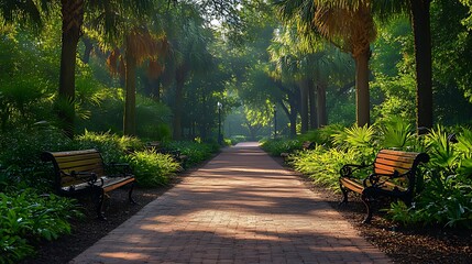 Wall Mural - Serene morning path in a lush park with benches and palm trees.