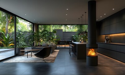Poster - Open Plan Matte Black Kitchen and Dining Area Enhanced by a Contemporary Fireplace