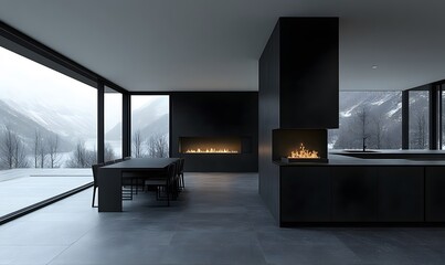 Poster - Matte Black Kitchen and Dining Space with a Minimalist Fireplace in an Open Layout