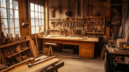 Poster - A well-lit carpentry workshop with various woodworking tools, Saws, chisels