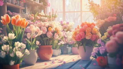 Poster - Colorful display of bouquets with roses, tulips, and daisies in a cozy flower shop at sunrise. Generative AI