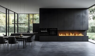 Poster - Open Plan Matte Black Kitchen and Dining Area Enhanced by a Contemporary Fireplace