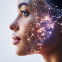 Poster - Portrait of a Woman With a Digital Network Overlay Illustrating Innovation and Technology in a Modern Artistic Style