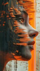 Poster - Contemporary Art Piece Showcasing an Abstract Female Face With Vivid Orange Accents and Fragmented Textures Reflecting Modern Digital Aesthetics in a Creative Environment