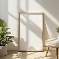 Poster - Framed Empty Canvas Leaning Against a Light Wall With Plant and Table in a Sunlit Modern Interior Setting During the Day