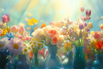 Aufkleber - Colorful bouquets of roses tulips and daisies arranged in vases creating a vibrant floral display. Generative AI