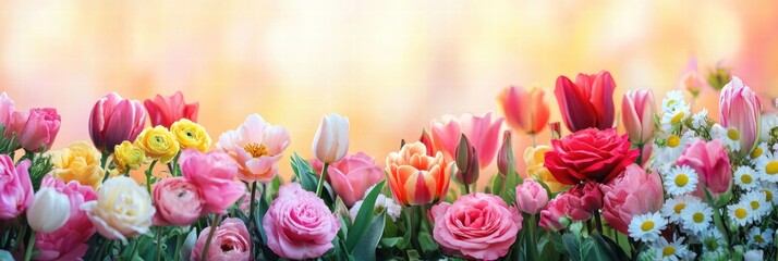 Aufkleber - Vibrant bouquet of roses, tulips, and daisies in a lush garden during a warm sunny day. Generative AI