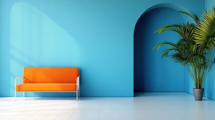 Wall Mural - Orange couch in a blue room with arched doorway and plant.