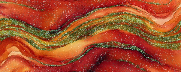 Poster - Vibrant Abstract Artwork with Rich Red and Orange Waves Enhanced by Sparkling Green Glitter Accents for Modern Decor and Design Projects