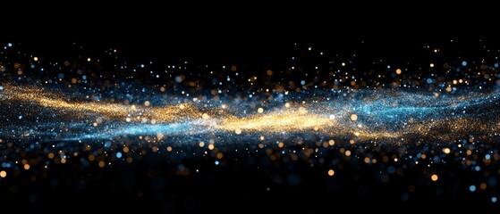 Poster - Vivid Cosmic Dust and Particle Swarm Displaying a Blend of Blue and Gold Hues Against a Dark Background, Evoking a Sense of Depth and Wonder in the Universe