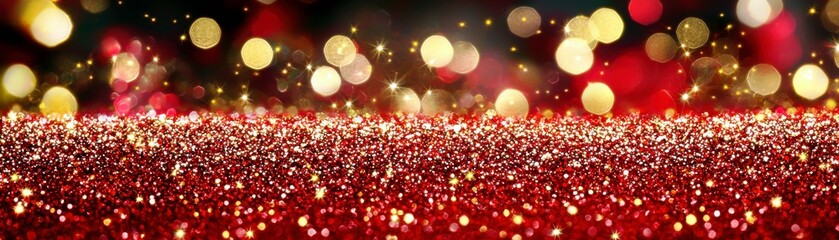 Poster - Shimmering Red and Gold Glitter Background with Magical Bokeh Effects for Festive Celebrations and Event Decorations