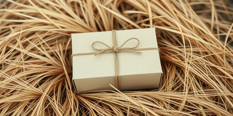 Wall Mural - A simple, beige gift box tied with twine rests gently nestled in a bed of dried, tan grass.