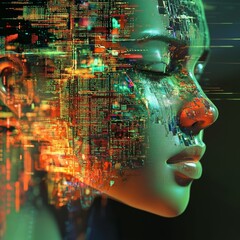 Poster - Digital Human Face With Glowing Data Patterns and Technological Elements in an Abstract Representation of Artificial Intelligence and Advanced Computing