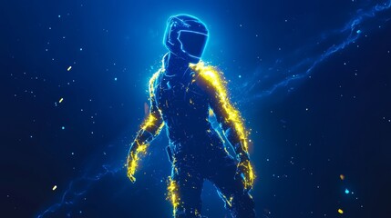Poster - Futuristic Figure Illuminated by Vibrant Blue and Yellow Lights in a Cosmic Setting During a Digital Art Exhibition