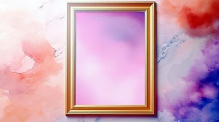 Poster - Empty Picture Frame Against a Colorful Watercolor Background with Soft Pastel Hues Ideal for Artistic Presentations or Creative Projects