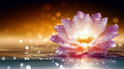 Poster - Ethereal Pink Flower on Calm Water Surface with Sparkling Effects and Soft Glow, Magical Atmosphere, Serenity and Tranquility in Nature Photography