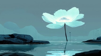 Poster - Ethereal Bloom in Tranquil Waters Surrounded by Misty Mountains and Calm Reflections, Capturing Nature's Serene Beauty and Delicate Elegance