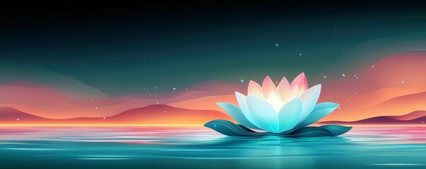 Poster - Serene Digital Artwork of a Lotus Flower on Calm Water with Tranquil Mountains Under a Colorful Sunset Sky for Meditation and Relaxation Themes