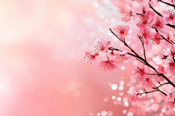 Wall Mural - The image depicts beautifully blossoming cherry blossom branches elegantly set against a soft pink background, creating a serene atmosphere that perfectly celebrates the enchanting holiday of Easter