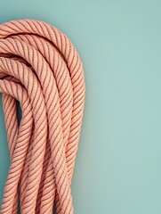 Poster - Rope Neatly Coiled on a Solid Light Blue Background, Showcasing Its Texture and Color in a Visually Appealing Arrangement