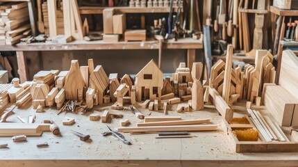 Poster - A well-organized birdhouse construction area in a workshop, Wooden pieces and tools neatly arranged, Craftsmanship style
