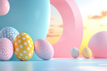 Wall Mural - A pastel-colored Easter scene filled with vibrantly decorated eggs amidst a serene backdrop of soft clouds and gentle light, symbolizing the joy and renewal of the Easter celebration.