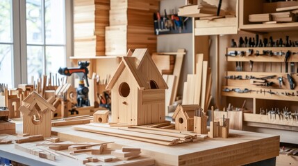 Poster - A well-organized birdhouse construction area in a workshop, Wooden pieces and tools neatly arranged, Craftsmanship style