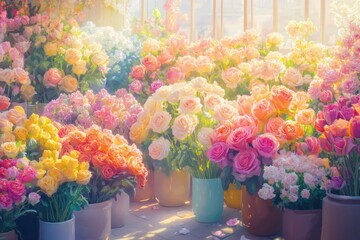 Poster - Colorful display of roses, tulips, and daisies in a bright flower shop during a sunny day. Generative AI