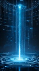 Aufkleber - Futuristic Blue Light Beam Emerging From a Circular Platform in a High-Tech Environment With Digital Elements and Particles Floating Around