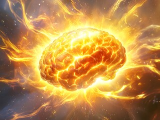 Aufkleber - Surreal Artistic Representation of a Glowing Brain Surrounded by Fiery Energy, Symbolizing Intelligence, Knowledge, and Creative Thinking in a Mystical Universe