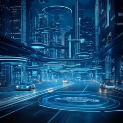 Aufkleber - Futuristic Cityscape at Night Featuring Floating Transportation and Illuminated Skyscrapers With a Vibrant Blue Glow
