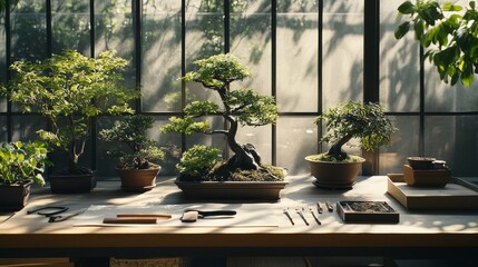 Poster - A well-organized bonsai garden with miniature trees and gardening tools neatly arranged, A calm, sunlit space with clean lines and serene surroundings