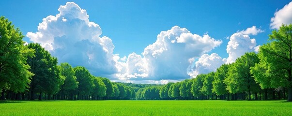 Wall Mural - Deep green woods, brilliant blue sky, fluffy white cumulus clouds , photography, scenic