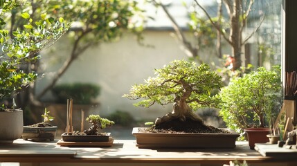 Poster - A well-organized bonsai garden with miniature trees and gardening tools neatly arranged, A calm, sunlit space with clean lines and serene surroundings