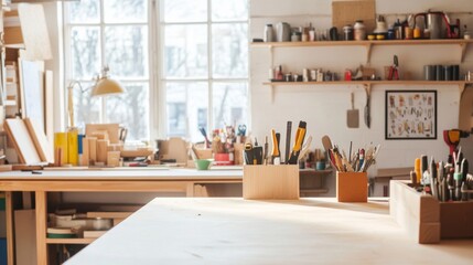 Aufkleber - A well-organized DIY workspace with tools and materials neatly placed, A bright, clean workbench with shelves of supplies