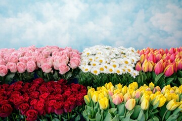 Poster - Colorful bouquets of roses tulips and daisies displayed in a vibrant arrangement under a blue sky backdrop. Generative AI