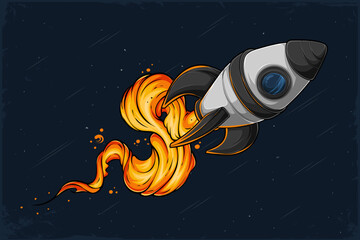 Poster - hand drawn astronomic space rocket unleashing fire in outer space full with comets and asteroids