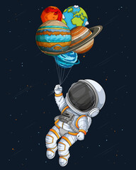 Wall Mural - hand drawn astronaut spaceman wearing space suit holding planets like balloons in outer space
